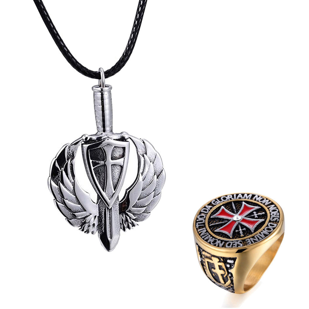 GUNGNEER Stainless Steel Jewelry Knight Templar Cross Ring with Pendant Necklace Jewelry Set