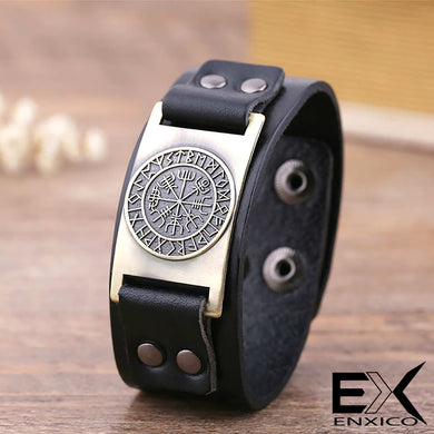 ENXICO Vegvisir Viking Runic Compass Leather Bangle Bracelet ? Nordic Scandinavian Viking Jewelry ? Black + Bronze