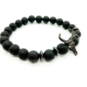 HoliStone Punky Style Lava Stone Beaded Bracelet with Bull Head for Women and Men