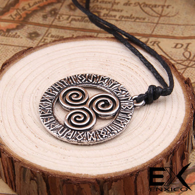 ENXICO Triskele Spiral Amulet Pendant Necklace with Rune Circle Surrounding ? Silver Color ? Wicca Pagan Witchraft Jewelry