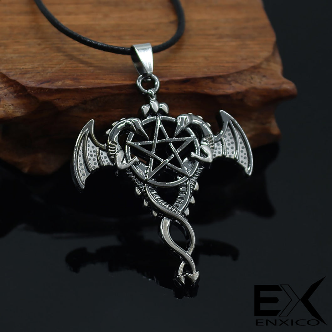 ENXICO Dragon Couple and The Pentacle Amulet Pendant Necklace ? Silver Color ? Wicca Pagan Witchcraft Jewelry