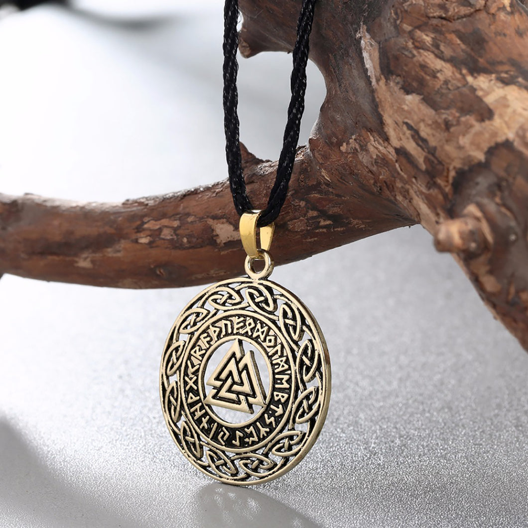 ENXICO Odin's Valknut Amulet Pendant Necklace with Rune Circle and Celtic Knot Circle Surrounding ? Gold Color ? Norse Scandinavian Viking Jewelry