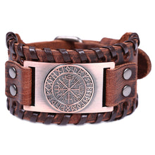 Load image into Gallery viewer, ENXICO Vegvisir Viking Runic Compass with Rune Circle Braided Leather Bangle Bracelet ? Nordic Scandinavian Viking Jewelry ? Black + Silver