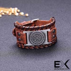ENXICO Vegvisir Viking Runic Compass with Rune Circle Braided Leather Bangle Bracelet ? Nordic Scandinavian Viking Jewelry ? Black + Silver