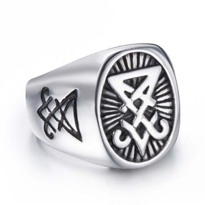 GUNGNEER Round Face Pentagram Necklace Stainless Steel Lucifer Ring Jewelry Set
