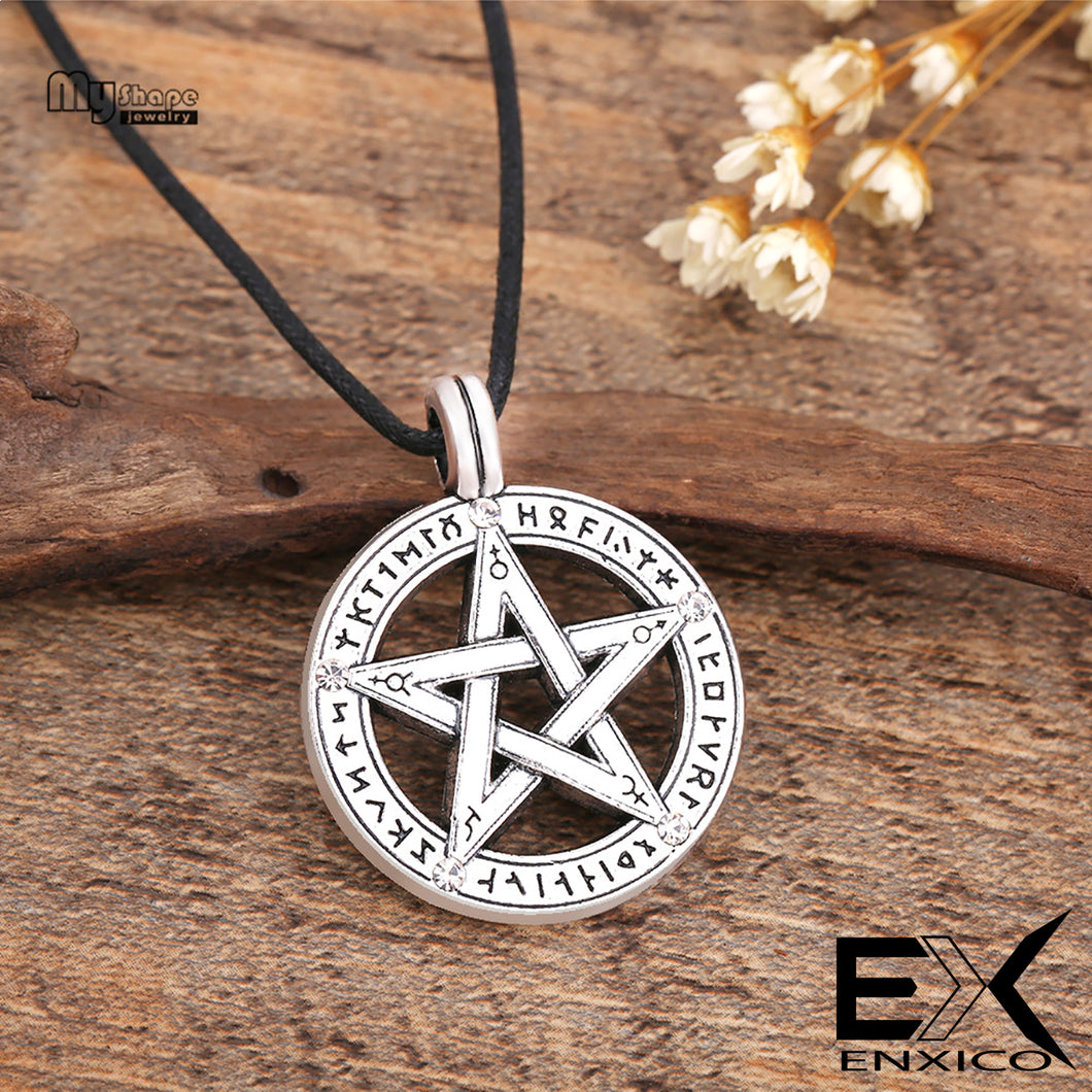 ENXICO Runic Pentacle Amulet Pendant Necklace with Rune Circle Surrounding ? Silver Color ? Wicca Pagan Witchraft Jewelry