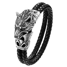 Load image into Gallery viewer, ENXICO Fenrir Wolf Head Leather Bracelet ? 1 Size - 9.25 inches ? 316L Stainless Steel ? Norse Scandinavian Viking Jewelry (7.5)