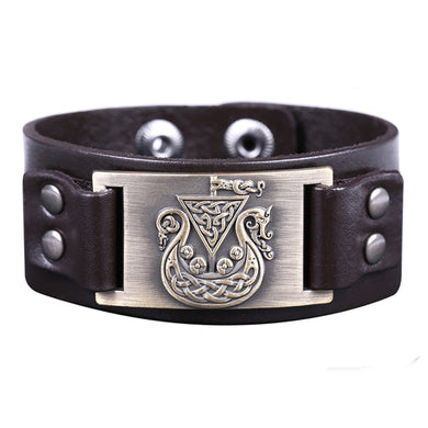 ENXICO Viking Ship Amulet Leather Bangle Bracelet ? Nordic Scandinavian Viking Jewelry ? Black + Bronze