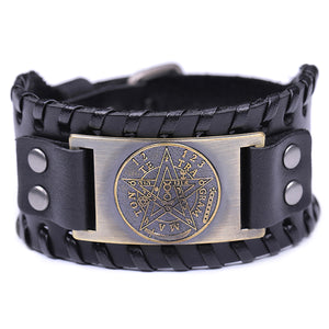 ENXICO Tetragrammaton Pentacle Braided Leather Bangle Bracelet ? Wicca Pagan Witchcraft Jewelry ? Black + Silver