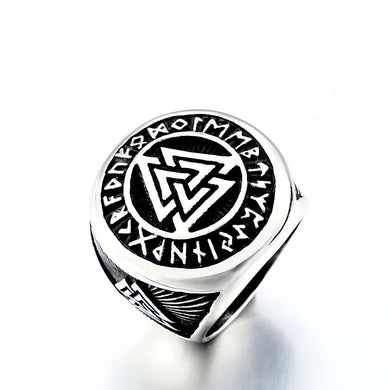 ENXICO Vegvisir The Viking Runic Compass Ring with Rune Circle and Double Valknut Symbol ? 316L Stainless Steel ? Norse Scandinavian Viking Jewelry