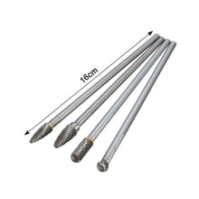 Load image into Gallery viewer, 2TRIDENTS Set of 4 Pcs Long Burr Set Double Cut Rotary Burr Set for Grinder Drill Metal Polishing Wood Carving Drilling