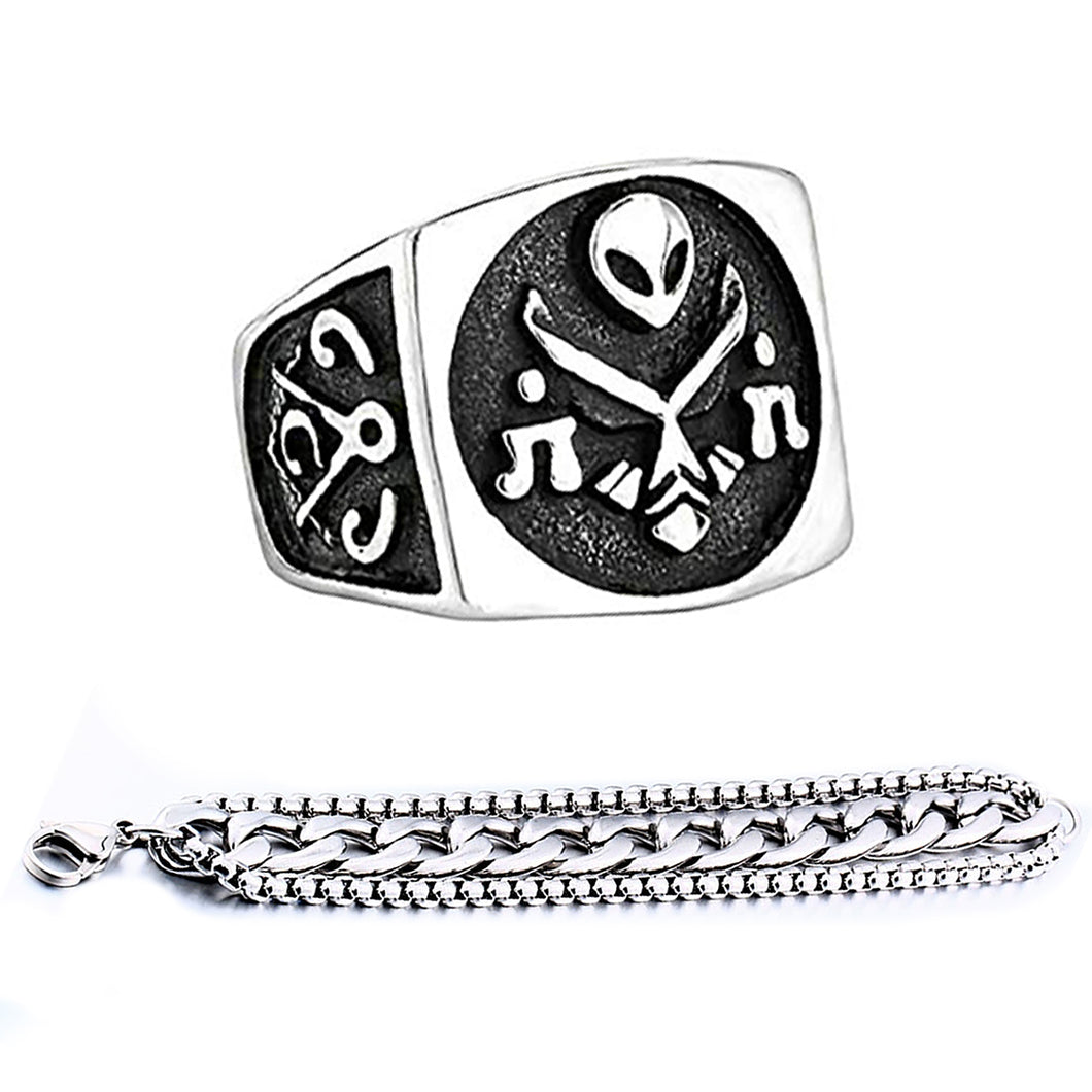 GUNGNEER Skull Freemason Ring Stainless Steel Chain Biker Bracelet Set Jewelry For Men