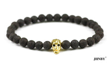 Load image into Gallery viewer, HoliStone 6mm Natural Black Lava Stone with Punky Style Skull Bracelet for Men and Women