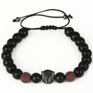 HoliStone Adjustable 8mm Black Onyx Stone Leopard Head Lucky Charm Bracelet for Women and Men