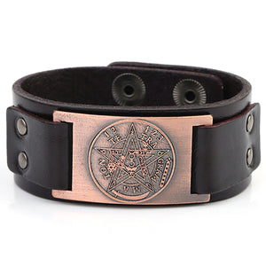 ENXICO Tetragrammaton Pentacle Leather Bangle Bracelet ? Wicca Pagan Witchcraft Jewelry ? Black + Bronze
