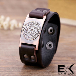 ENXICO Vegvisir Viking Runic Compass Leather Bangle Bracelet ? Nordic Scandinavian Viking Jewelry ? Black + Bronze