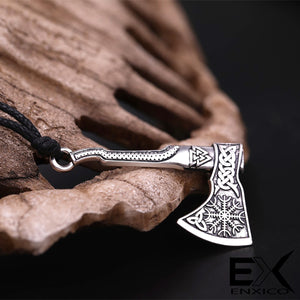 ENXICO Viking Axe with Helm of Awe and Valknut Pattern Pendant Necklace ? Nordic Scandinavian Viking Jewelry ? Bronze Plated
