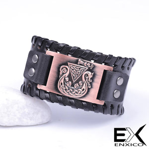 ENXICO Viking Ship Amulet Braided Leather Bangle Bracelet ? Nordic Scandinavian Viking Jewelry ? Black + Copper
