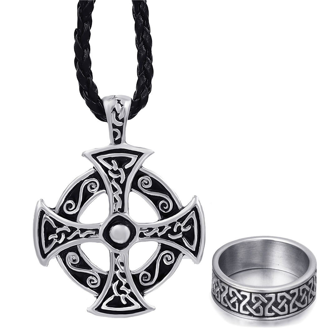 GUNGNEER Stainless Steel Celtic Knot Ring with Irish Cross Necklace Jewelry Set Men Women