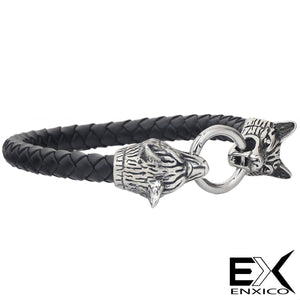 ENXICO Fenrir Wolf Head Leather Bracelet ? 1 Size - 9.25 inches ? 316L Stainless Steel ? Norse Scandinavian Viking Jewelry