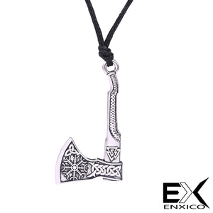 ENXICO Viking Axe with Helm of Awe and Valknut Pattern Pendant Necklace ? Nordic Scandinavian Viking Jewelry ? Bronze Plated