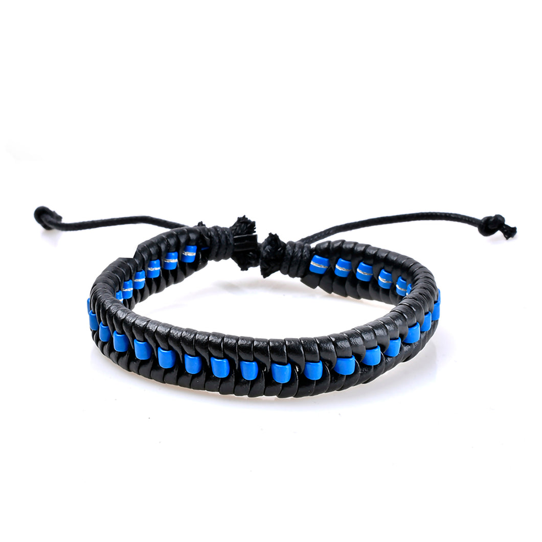 HoliStone Multi Layer Braided Black Blue PU Leather Bracelet with Black Wooden Bead Bangle for Women Men