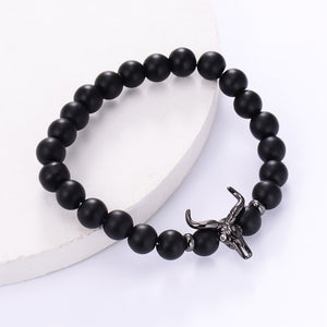 HoliStone Punky Style Black Cattle Skull with Natural Stone Beaded Charm Bracelet ? Anxiety Stress Relief Empowering Bracelet for Women and Men