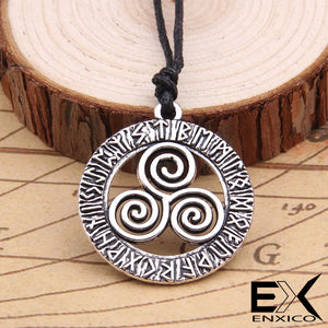 ENXICO Triskele Spiral Amulet Pendant Necklace with Rune Circle Surrounding ? Silver Color ? Wicca Pagan Witchraft Jewelry