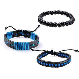 HoliStone Multi Layer Braided Black Blue PU Leather Bracelet with Black Wooden Bead Bangle for Women Men