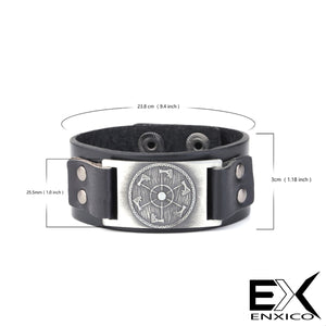 ENXICO Viking Shield with Axe Wheel Pattern Leather Bangle Bracelet ? Nordic Scandinavian Viking Jewelry ? Brown + Copper