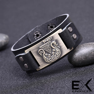 ENXICO Viking Ship Amulet Leather Bangle Bracelet ? Nordic Scandinavian Viking Jewelry ? Black + Bronze