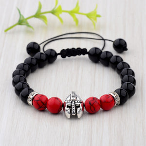 HoliStone Natural Black and Red Bead Bracelet with Warrior Gladiator Helmet Charm