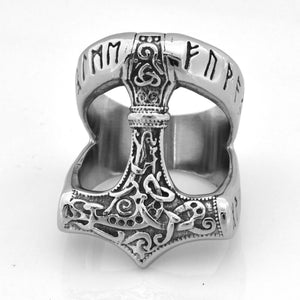 ENXICO Runic Thor's Hammer Mjolnir Ring ? 316L Stainless Steel ? Norse Scandinavian Viking Jewelry