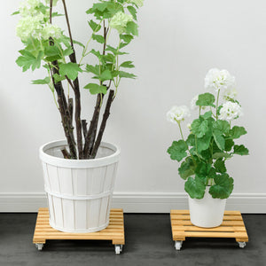 2TRIDENTS Square Wooden Plant Caddy - Indoor & Outdoor Potted Plant Stand with Wheels - Flower Garden Rack Stand (10"x10")