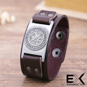 ENXICO Vegvisir Viking Runic Compass Leather Bangle Bracelet ? Nordic Scandinavian Viking Jewelry ? Black + Bronze