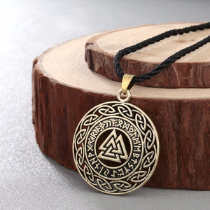 ENXICO Odin's Valknut Amulet Pendant Necklace with Rune Circle and Celtic Knot Circle Surrounding ? Gold Color ? Norse Scandinavian Viking Jewelry