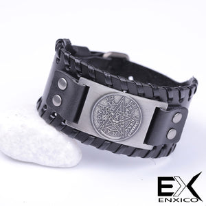 ENXICO Tetragrammaton Pentacle Braided Leather Bangle Bracelet ? Wicca Pagan Witchcraft Jewelry ? Black + Silver