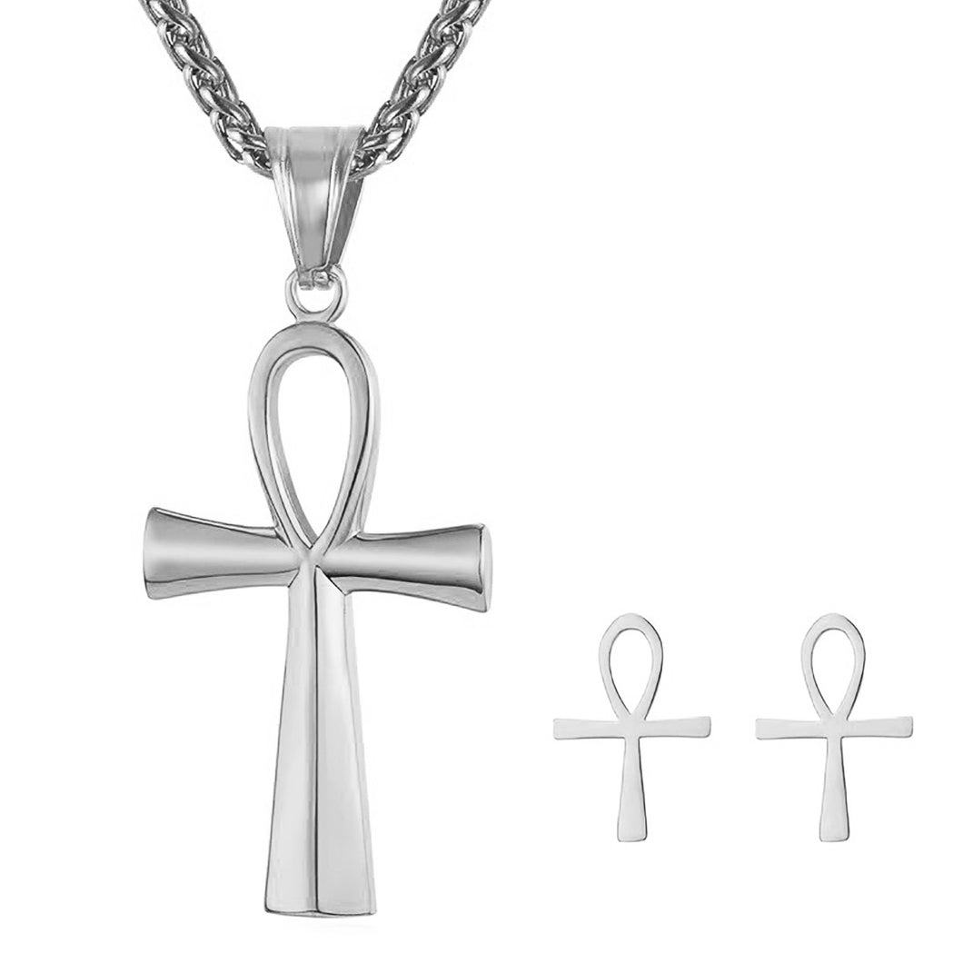 GUNGNEER Ankh Egyptian Cross Pendant Necklace Stud Earrings Stainless Steel Jewelry Set