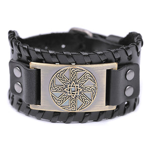 ENXICO Kolovrat Slavic Sun Wheel Amulet Braided Leather Bangle Bracelet ? Ancient Slav Jewelry ? Black + Silver
