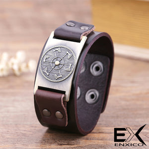 ENXICO Viking Shield with Axe Wheel Pattern Leather Bangle Bracelet ? Nordic Scandinavian Viking Jewelry ? Brown + Copper
