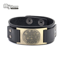 Load image into Gallery viewer, ENXICO Tetragrammaton Pentacle Leather Bangle Bracelet ? Wicca Pagan Witchcraft Jewelry ? Black + Bronze