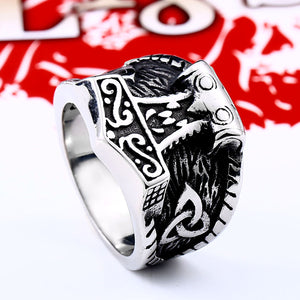 GUNGNEER 2Pcs Mjolnir Thor Hammer Ring Amulet Stainless Steel Jewelry Gift for Men Women