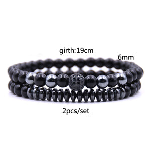 HoliStone 2pcs/Set 6mm Natural Stone Bracelet with Micro Pave CZ Ball Lucky Charm Bracelet for Women and Men