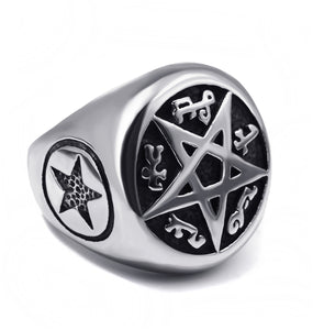 GUNGNEER Wicca Pentagram Crystal Stainless Steel Pendant Necklace Ring Jewelry Set Men Women