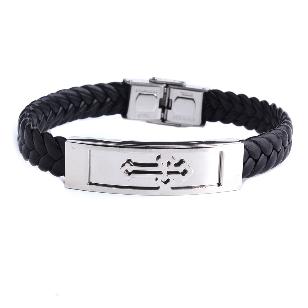 GUNGNEER Stainless Steel Cross Leather Bracelet Jesus Jewelry Accessory Gift For Men Women