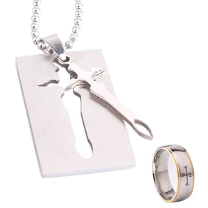 GUNGNEER Christ Cross Necklace Finger Ring Stainless Steel God Jewelry Gift Set Men Women
