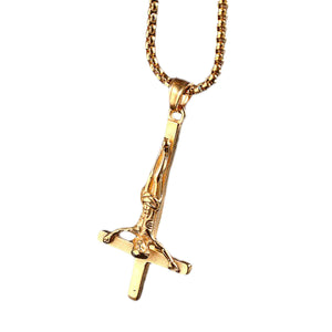 GUNGNEER Stainless Steel Jesus Inverted Cross Pendant Necklace Lucifer Jewelry For Men