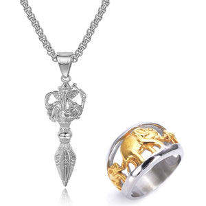 GUNGNEER Ganesha Om Pendant Necklace Hindu Spiritual Elephant Ring Jewelry Set For Men Women