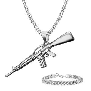 GUNGNEER Stainless Steel Hip Hop Gun Pendant Necklace Link Chain Bracelet Military Jewelry Set