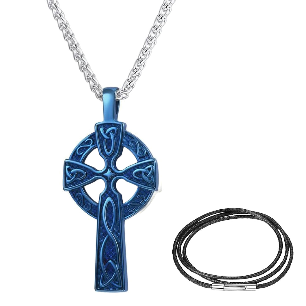 GUNGNEER Stainless Steel Celtic Triquetra Knot Cross Pendant Necklace with Wax Rope Jewelry Set